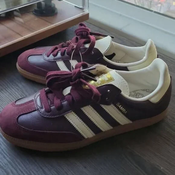 Adidas Samba OG Maroon Core White Gold Metallic Sneakers - Picture 1 of 3